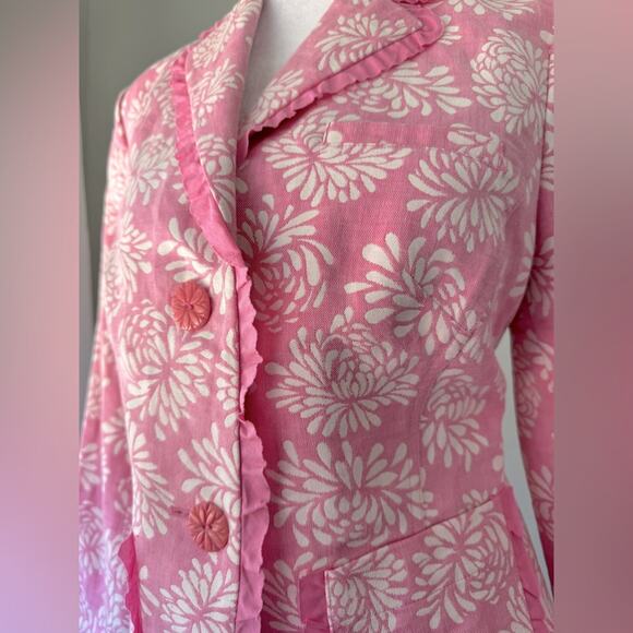 Sigrid Olsen Pink & Ivory Floral Print Linen Blend Single Breasted Blazer - Picture 3 of 9
